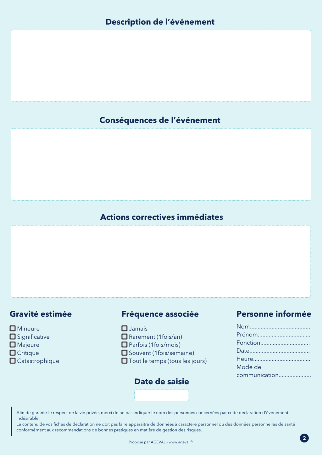 Modèle de fiche d'événement indésirable AGEVAL_verso